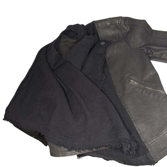 Free People Black Denim Fringe Scarf Jacket – Size 6 – Boho Layered Look - Picture 3 of 12